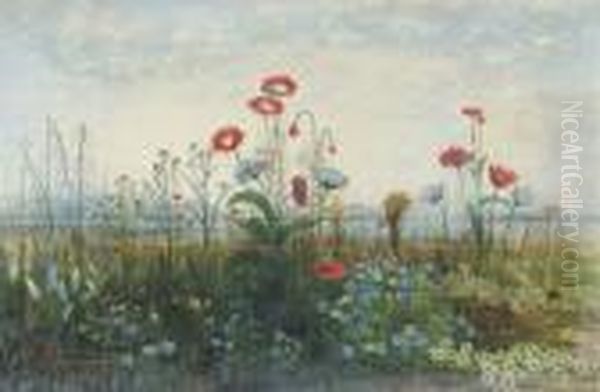 Poppies, Ox-eye Daisies And 
Dandelions At The Edge Of A Field, Withcarlingford Lough And The Town Of
 Rostrevor And The Obelisk Inmemory Of Sir John Ross Of Bladensburg In 
The Distance, With Themountains Of Mourne Beyond Oil Painting by Andrew Nicholl