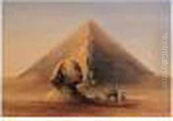 Travellers By The Great Pyramid Oil Painting by Andrew Nicholl