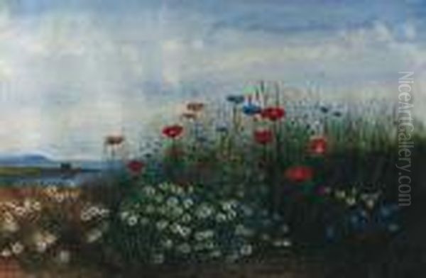 A Coastal Landscape With Poppies, Cornflowers, Daisies And Grassesin The Foreground Oil Painting by Andrew Nicholl