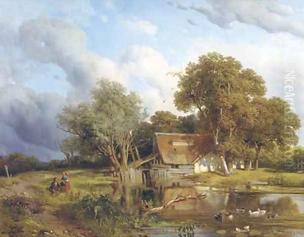 A wooded landscape with children playing by a pond Oil Painting by Willem Roelofs