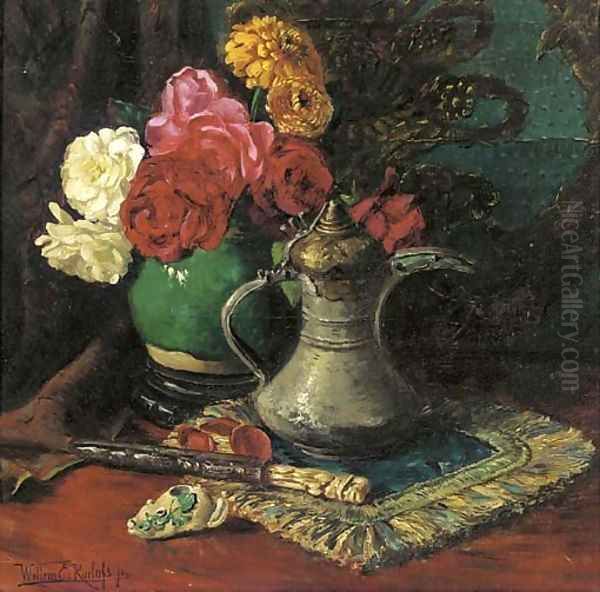 Roses in a chinese jar amongst oriental objects Oil Painting by Willem Roelofs