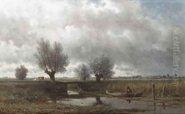 Na de regen a fisherman in a polder landscape Oil Painting by Willem Roelofs