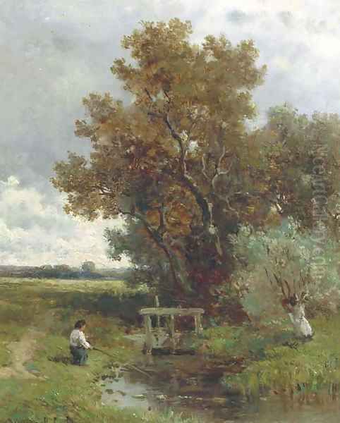 An angler in an autumn landscape Oil Painting by Willem Roelofs