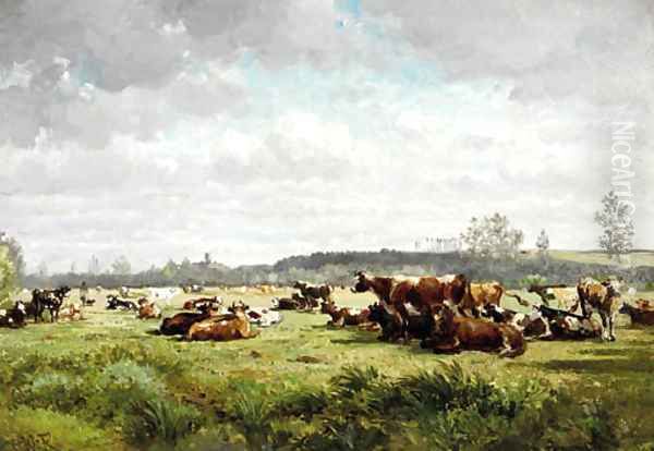 Cows grazing in a meadow in summer Oil Painting by Willem Roelofs