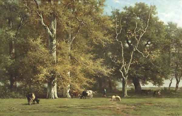 Interieur de foret (souvenir de Fontainebleau) cattle grazing by birch trees, Fontainebleau Oil Painting by Willem Roelofs