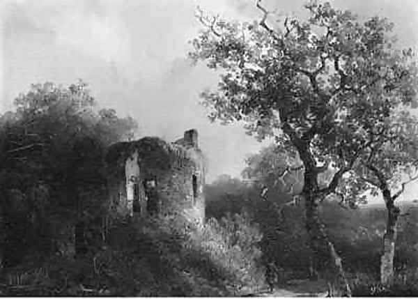 A wooded river landscape with a sportsman near a ruin Oil Painting by Willem Roelofs