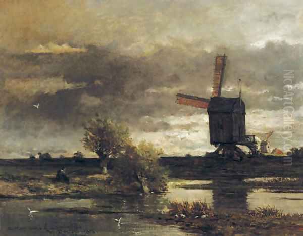 Afternoon fishing near a windmill Oil Painting by Willem Roelofs