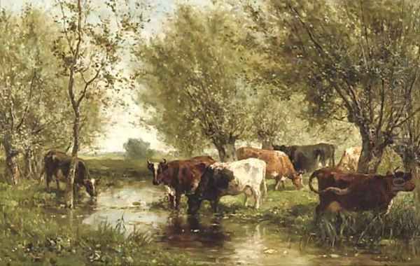 Cattle by a wooded pond Oil Painting by Willem Roelofs