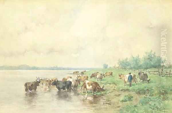 Cattle grazing by the riverside Oil Painting by Willem Roelofs