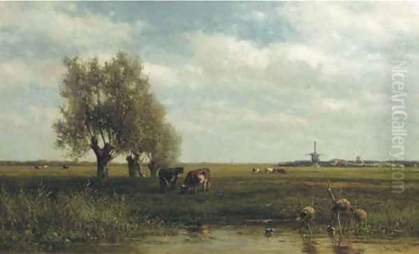 Cows by a stream in a polder landscape Oil Painting by Willem Roelofs