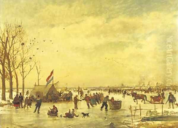 Hollandsch IJsvermaak a populous crowd enjoying a day on the ice with Rotterdam in the distance Oil Painting by Willem Roelofs