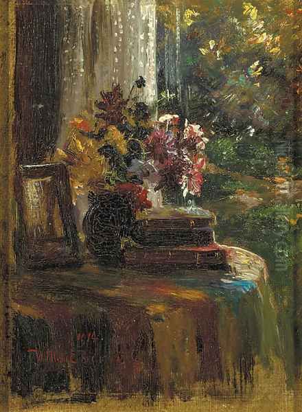 A still life of a mixed bouquet and books on a table Oil Painting by Willem Roelofs