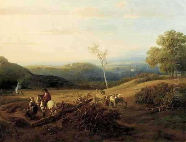 A panoramic summerlandscape with harvesters Oil Painting by Willem Roelofs