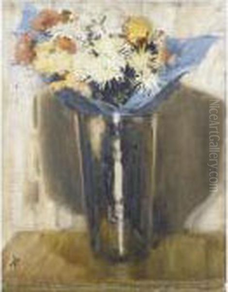 Flowers In Paper In A Vase Oil Painting by William Nicholson