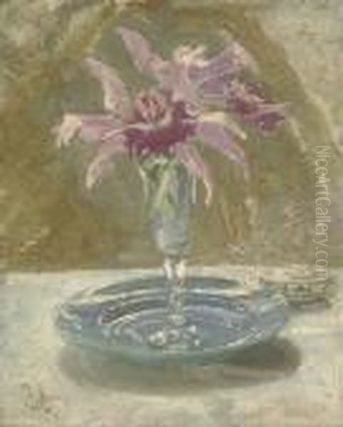 Pink Cattleyas In A Wine Glass On A Plate Oil Painting by William Nicholson