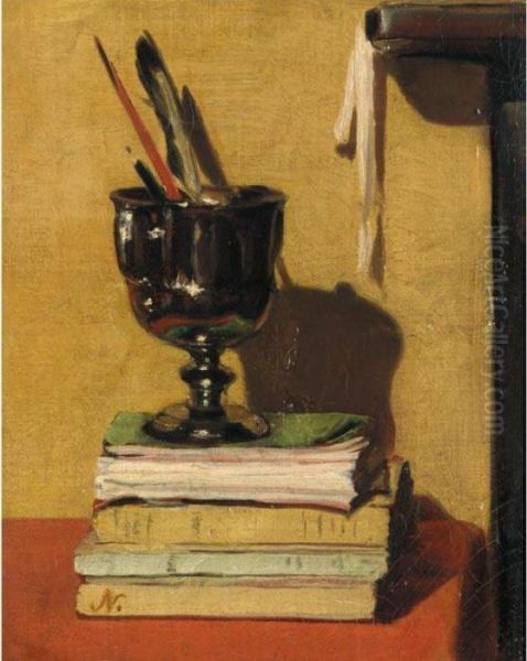 Vase And Books On A Red Table Oil Painting by William Nicholson