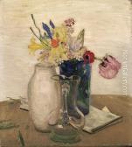 Flowers And Glass Jug Oil Painting by William Nicholson