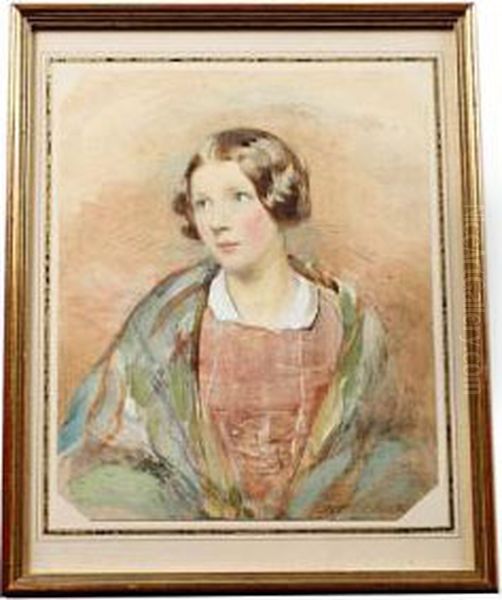 A Scottish Lady Half Length, 
Wearing Tartan Shawl, Red Dress With White Collar, Her Hair Parted And 
Upswept Oil Painting by Erskine Nicol