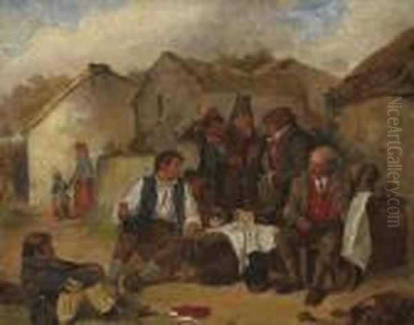 Figures In A Village Oil Painting by Erskine Nicol