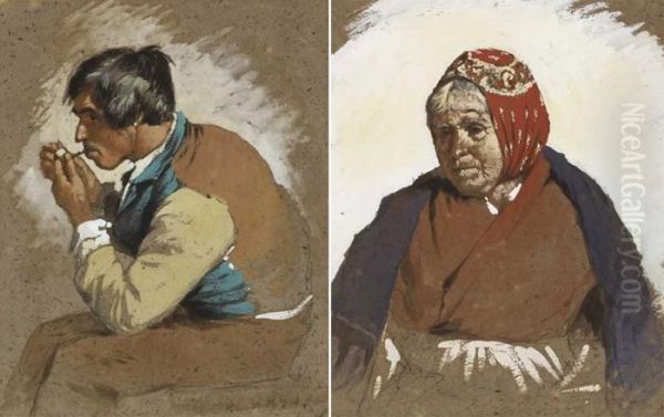 A Young Man Lighting His Pipe And An Old Woman With A Red Scarf Oil Painting by Erskine Nicol