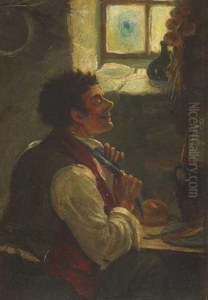 Man Tying His Neckerchief Oil Painting by Erskine Nicol