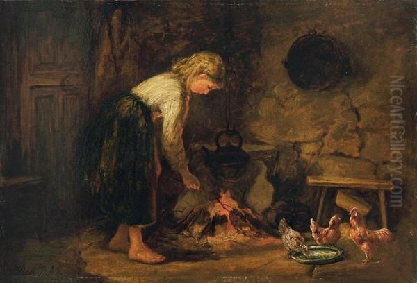 Madchen Am Kuchenfeuer, Daneben Drei Huhner Am Wassernapf Oil Painting by Erskine Nicol