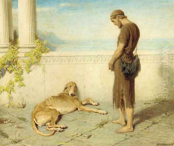 The dog, whom late had granted to behold his lord, when twenty tedious years had rolled takes a last look and having seen him dies Oil Painting by Briton Riviere