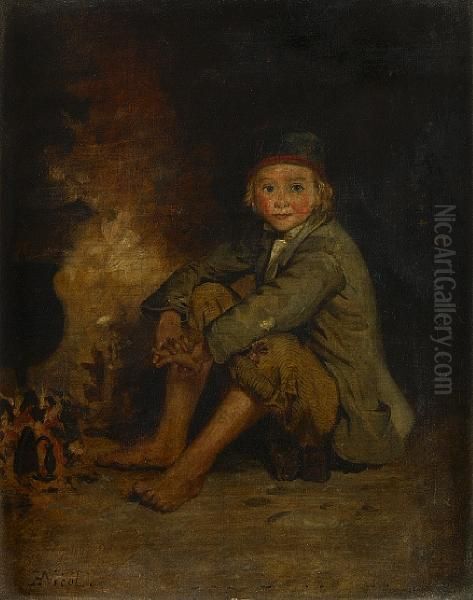 A Boy Seated By A Fire Oil Painting by Erskine Nicol