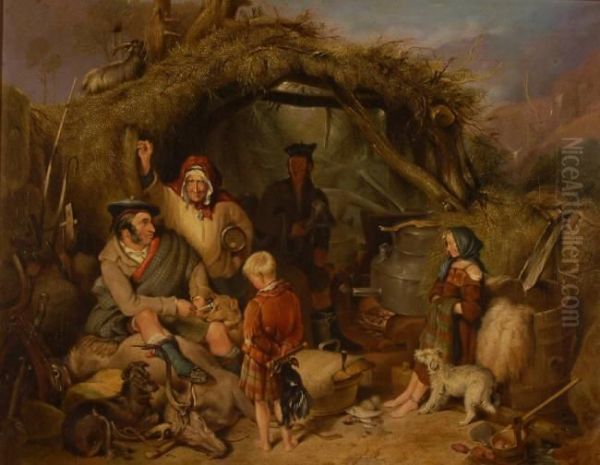 Detailed Scene Depicting A Laird Visiting A Rural Potato Whisky Distillery Oil Painting by Erskine Nicol