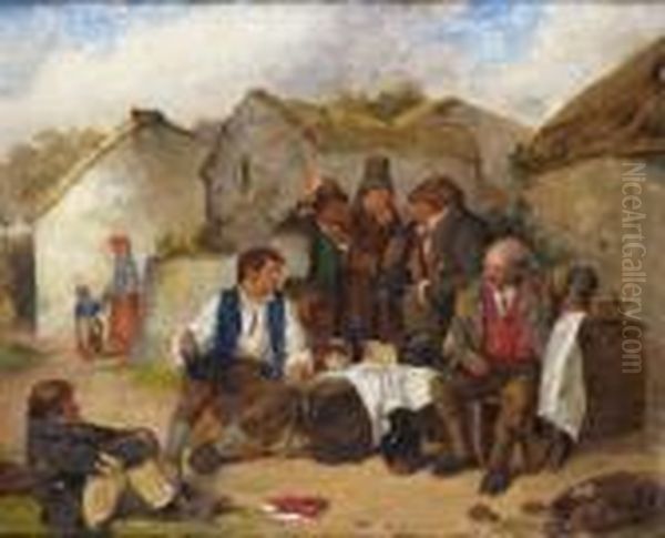 Figures In A Village Oil Painting by Erskine Nicol