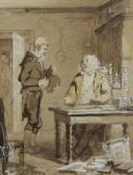 Study Of A Landlord And Tenant In Interior Oil Painting by Erskine Nicol