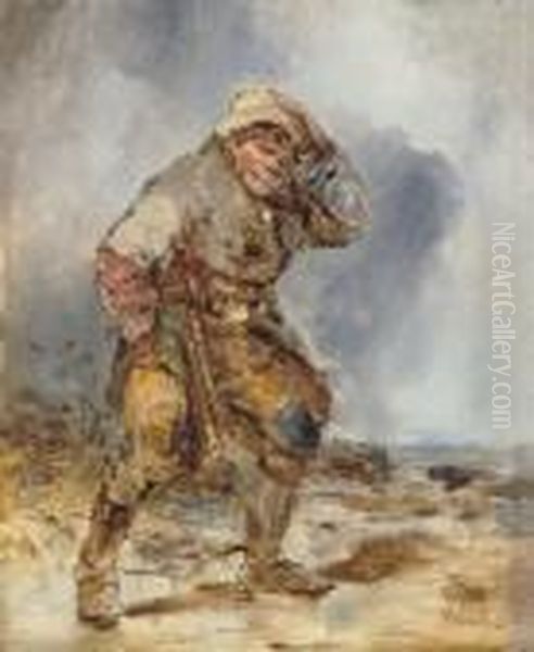 An Uileann Piper In A Storm Oil Painting by Erskine Nicol