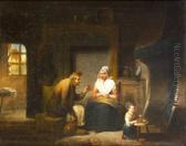 Dutch Interior With Old Couple And Child Oil Painting by Erskine Nicol