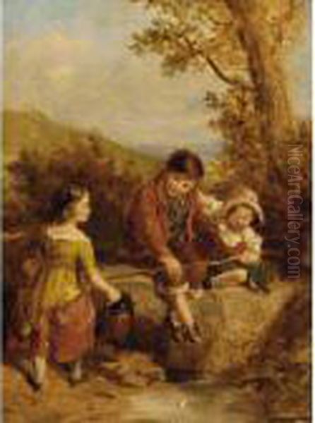 Children Playing By A Stream Oil Painting by Erskine Nicol