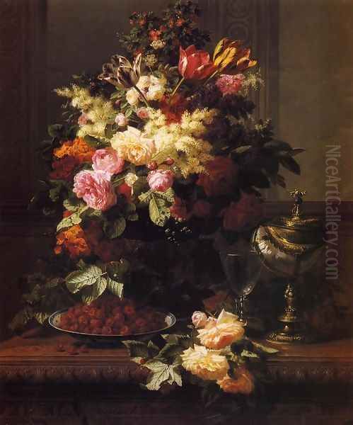 A Still Life of Roses, Tulips and other Flowers on a German Compote, a Plate of Raspberries, a Glass and a German Silver-gilt Nautilus Cup on a Table Oil Painting by Jean-Baptiste Robie