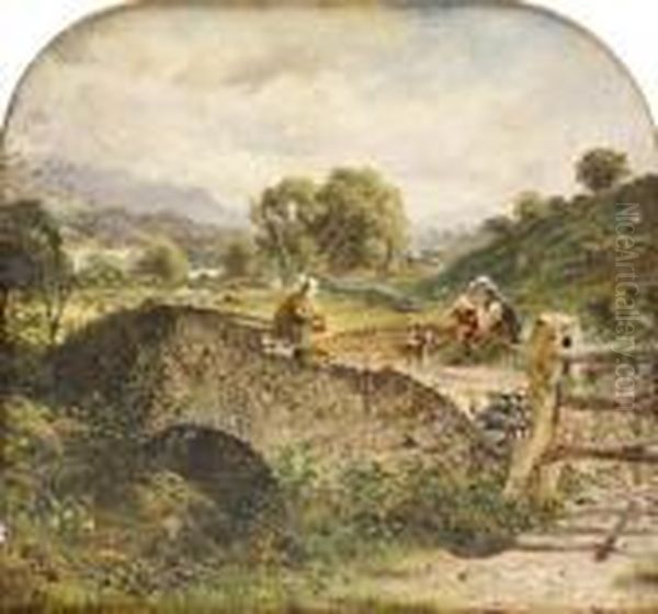 Figures On A Country Bridge Oil Painting by Erskine Nicol