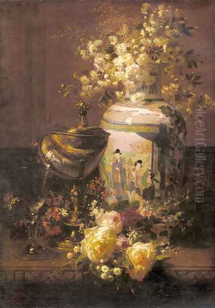 Still Life With Japanese Vase And Flowers Oil Painting by Jean-Baptiste Robie