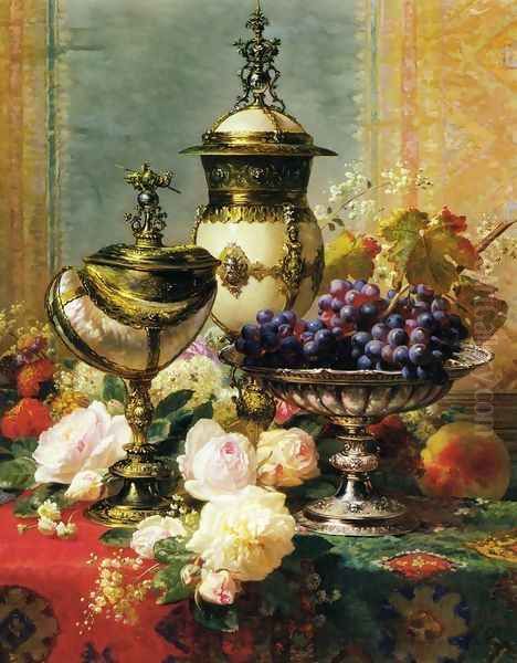 A Still Life with Roses, Grapes and A Silver Inlaid Nautilus Shell Oil Painting by Jean-Baptiste Robie