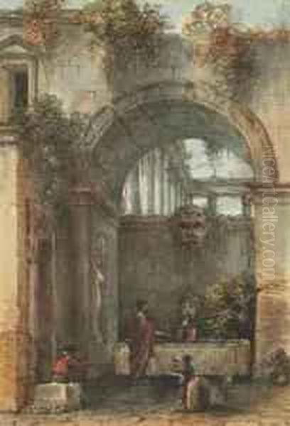 Figures By A Fountain Under A Roman Arch Oil Painting by Victor-Jean Nicolle