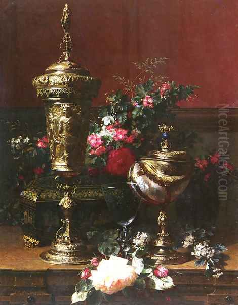 A Still Life With A German Cup, A Nautilus Cup, A Goblet An Cut Flowers On A Table Oil Painting by Jean-Baptiste Robie