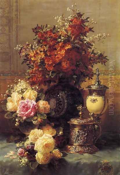 Still Life of Roses and Other Flowers, a Silver-gilt Ostrich Egg Cup and a German Gold-gilt Tankard on a Draped Table in an Interior Oil Painting by Jean-Baptiste Robie