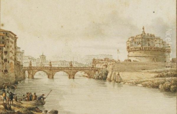 Vue Du Pont Et Fort Saint-ange Sur Le Tibre A Rome Aquarelle Oil Painting by Victor-Jean Nicolle