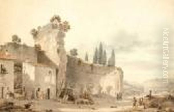 Vue Animee Des Ruines D'une Des Salles Des Thermes De Titus Et Du Colisee A Rome Oil Painting by Victor-Jean Nicolle