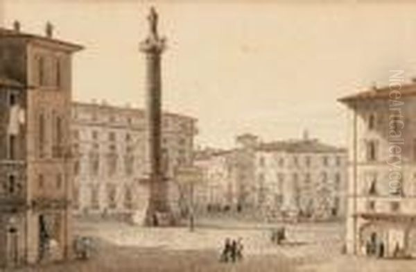 Vue De La Place Antonine A Rome
 Aquarelle Et Plume Et Encre Brune Oil Painting by Victor-Jean Nicolle