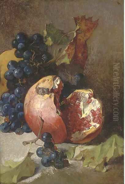 A pomegranate and a bunch of grapes on a ledge Oil Painting by Jean-Baptiste Robie