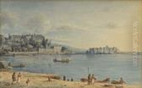 Vue De La Baie De Naples Avec Le Chateau De L'oeuf. Oil Painting by Victor-Jean Nicolle