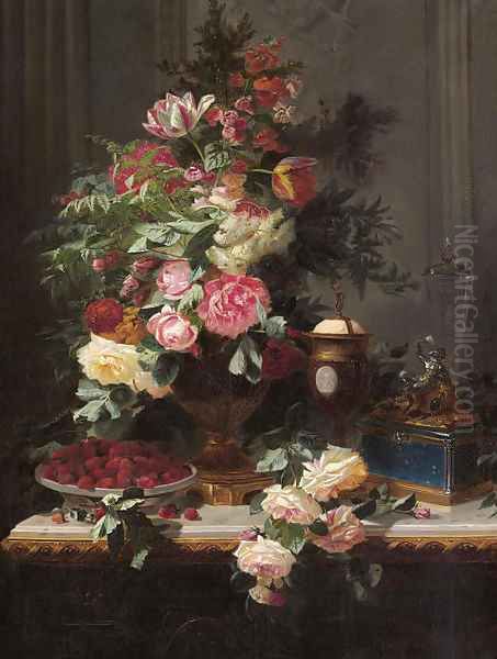 Still Life with Roses and Wild Strawberries Oil Painting by Jean-Baptiste Robie