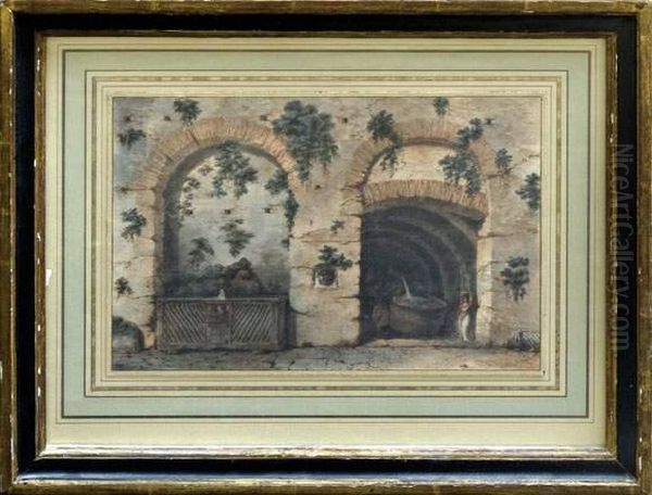 Personnages Dans Des Ruines Romaines Et Tombeau Antique Transforme En Fontaine. Oil Painting by Victor-Jean Nicolle