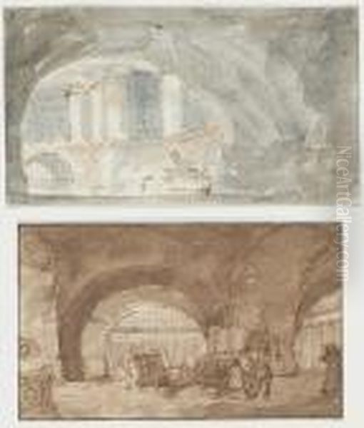 Roman Caves, Possibly Stage Designs: Two Oil Painting by Victor-Jean Nicolle