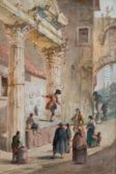 Un Marchand Ambulant, Sur Une 
Estrade Installee Sous Un Portique Antique, Harangue Quelques 
Spectateurs Oil Painting by Victor-Jean Nicolle